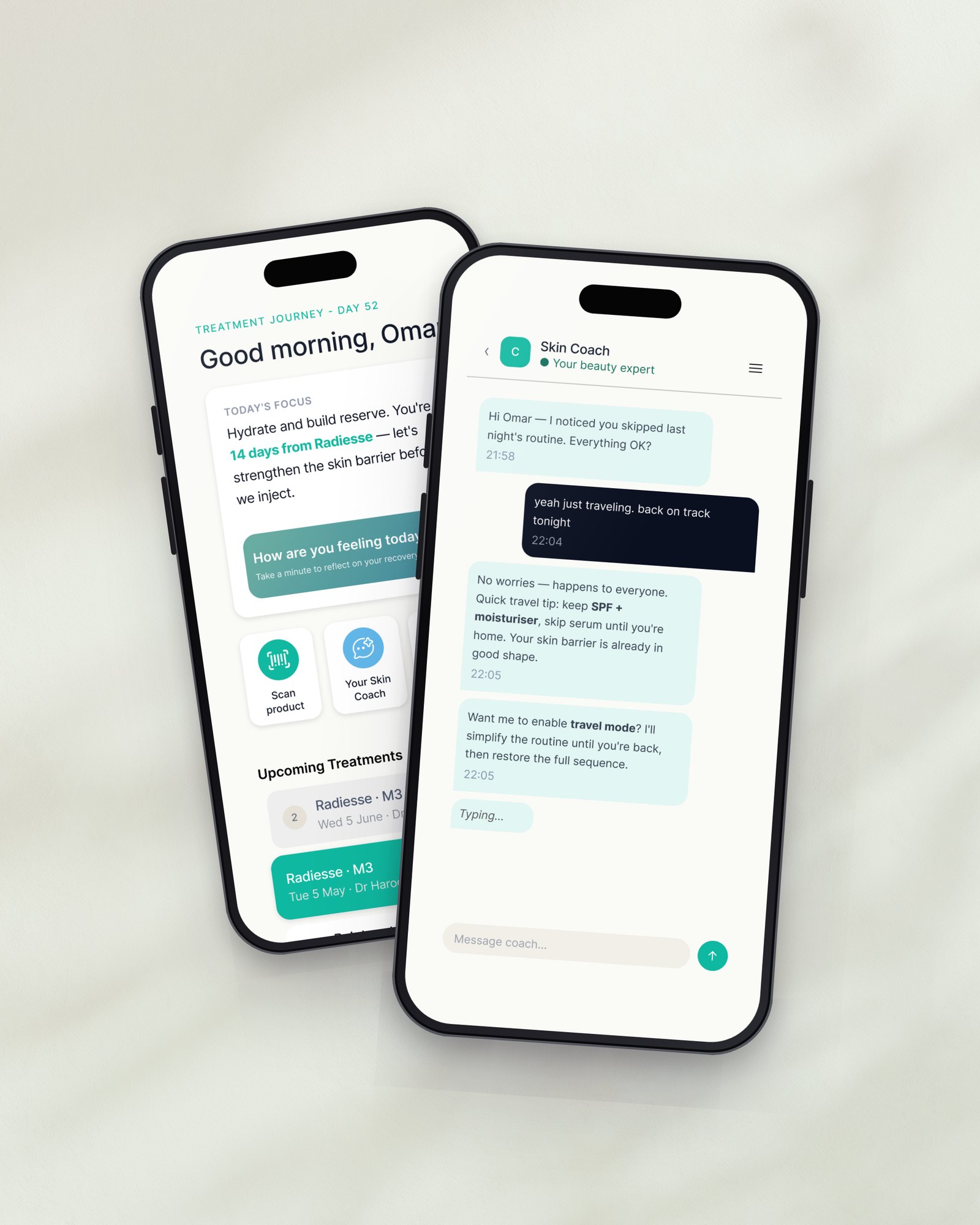 AUMAR client mobile app home screen and AI Skin Coach