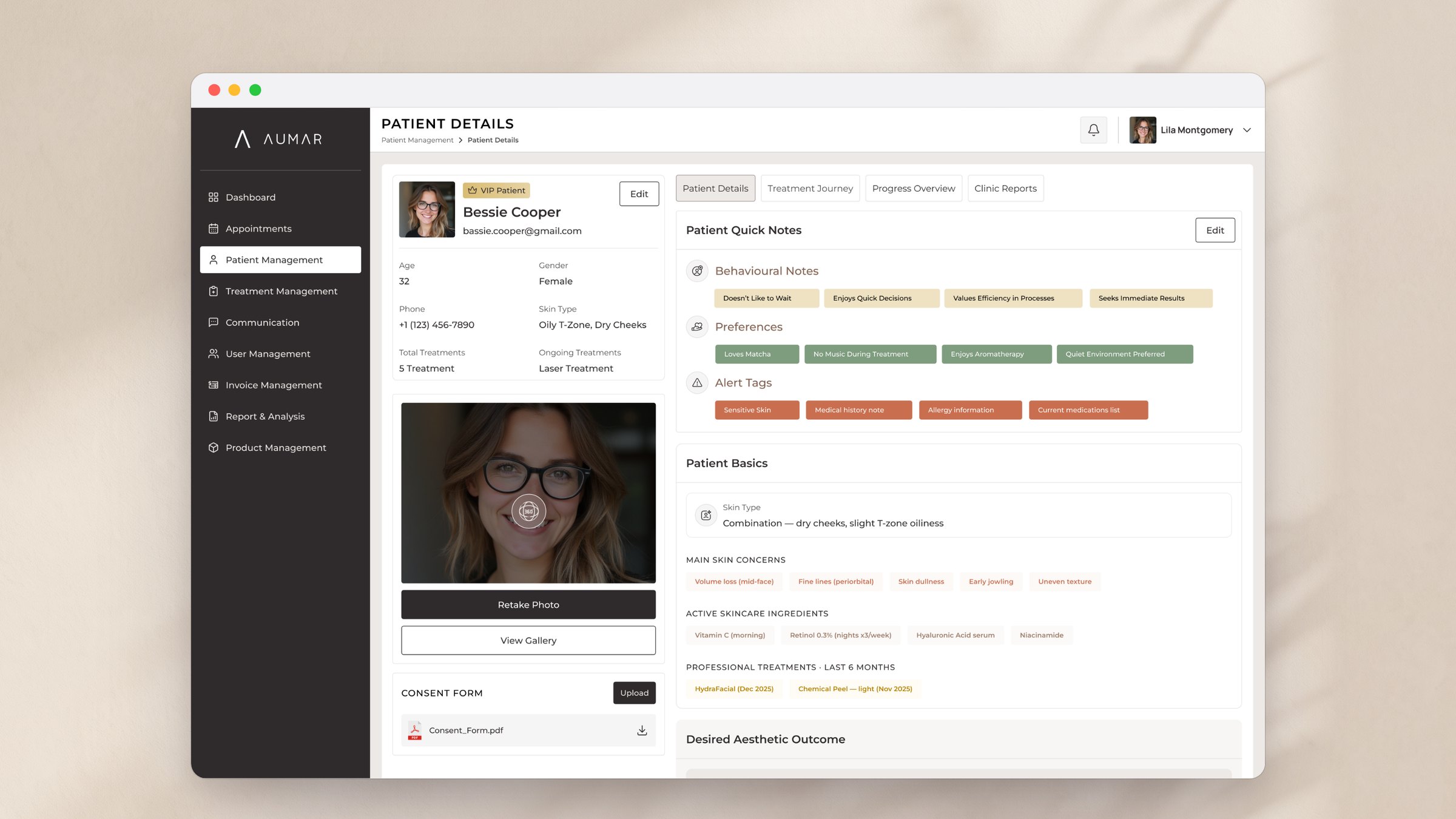 AUMAR implementation example: clinic CRM patient profile with notes and care history