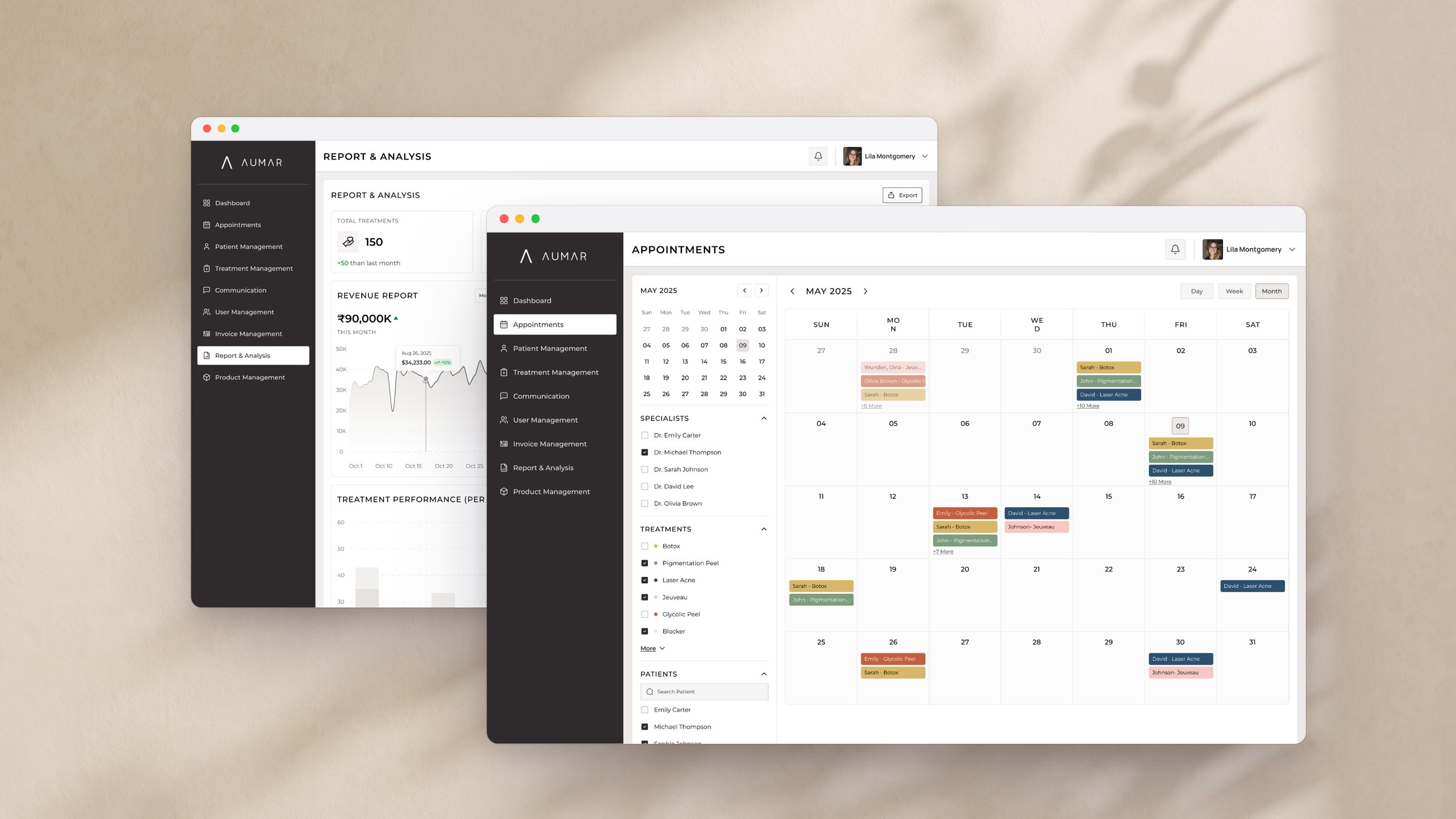 AUMAR CRM reports and month calendar