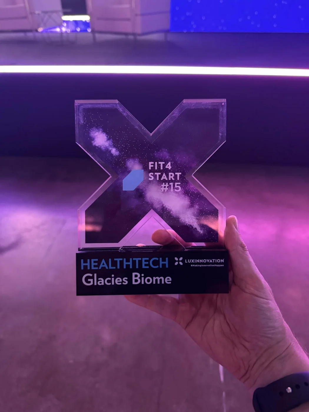 Fit4Start number 15 Healthtech trophy bearing Glacies Biome and Luxinnovation names